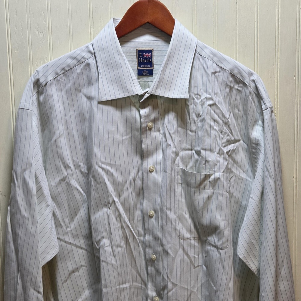 T.‎ Harris Dress Shirt Mens 18 34/35 White Blue Stripe Cotton London Long Sleeve